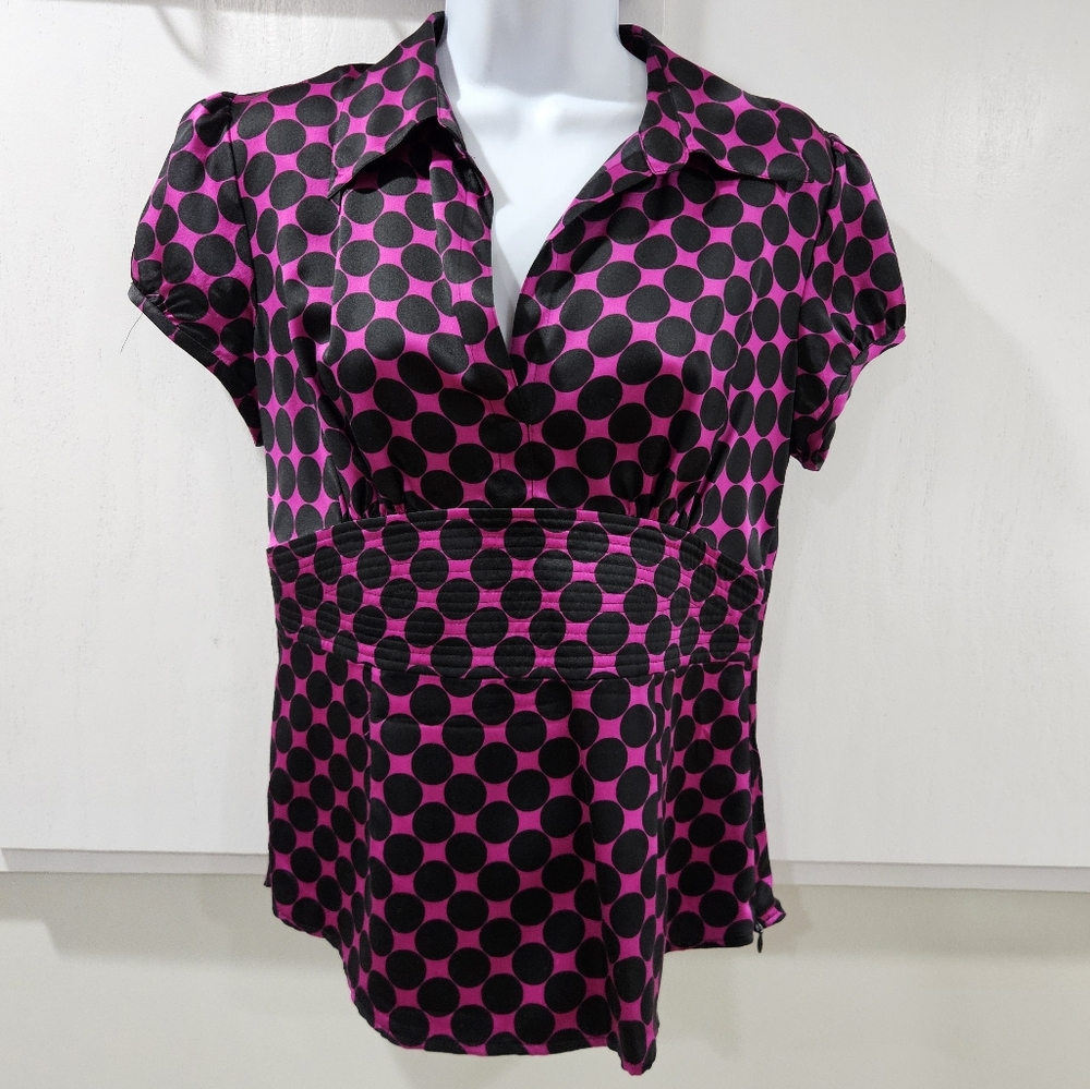 INC Womens Top Y2K Pink Polka Dot Babydoll Silk Satin Pin-Up Empire Waist Retro
